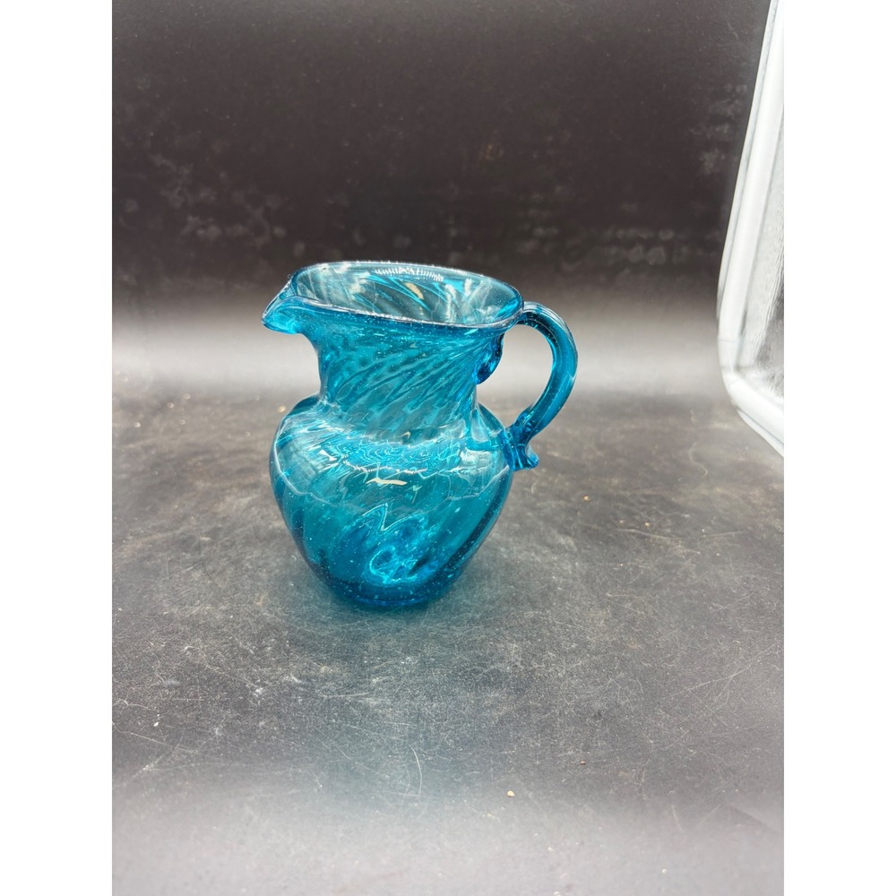 Hand Blown Turquoise Blue Art Glass Swirl Pitcher‎ Seeded Glass Creamer 4.5"
